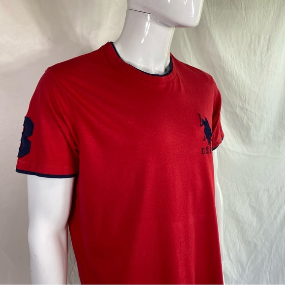 U.S. Polo Assn Red w/ Navy Blue Trim Cotton Short Sleeve Tee - Picture 4 of 7